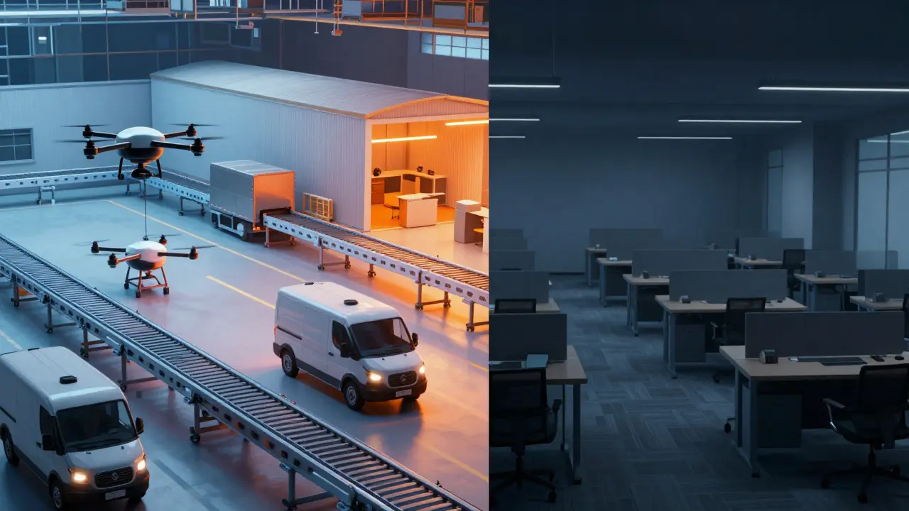 Kontrast zwischen einem modernen Logistikzentrum und einem leeren, veralteten Bürogebäude