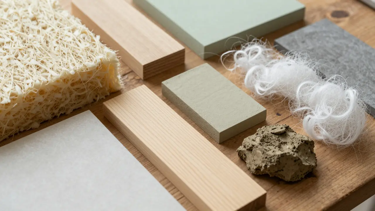 Nachhaltige Baustoffe wie Holz, Hanf und Lehm auf Tisch