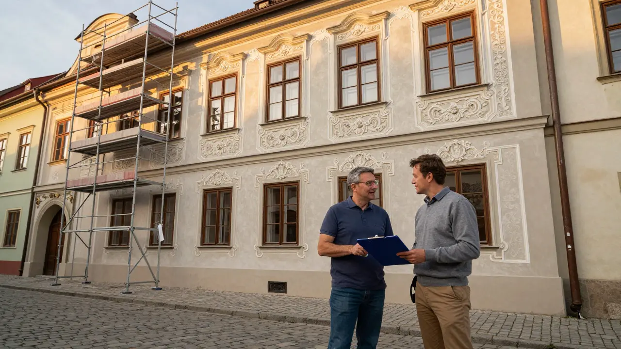 Restauriertes historisches Gebäude mit Spezialist und Eigentümer