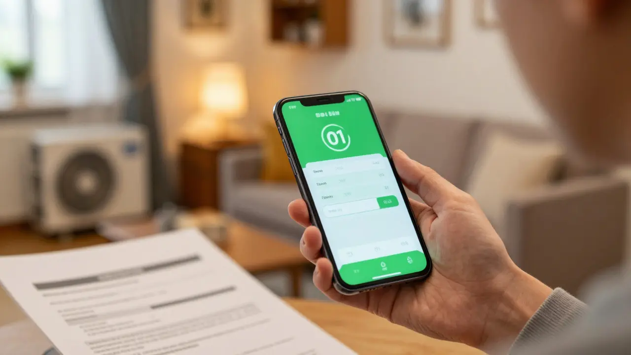 Smartphone mit Energieapp vor gemütlichem Wohnzimmer