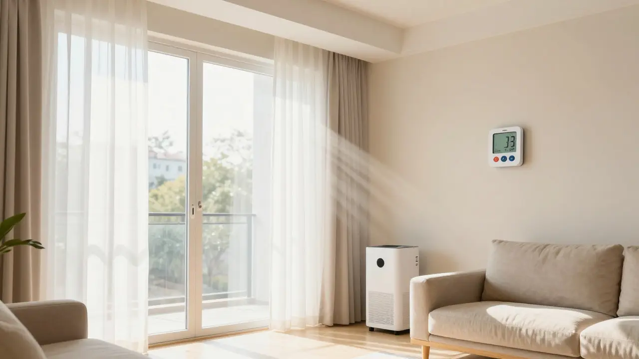 Sunlit room with open windows and dehumidifier