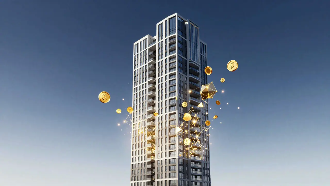 Wohngebäude zerfällt in schwebende goldene Token-Blöcke