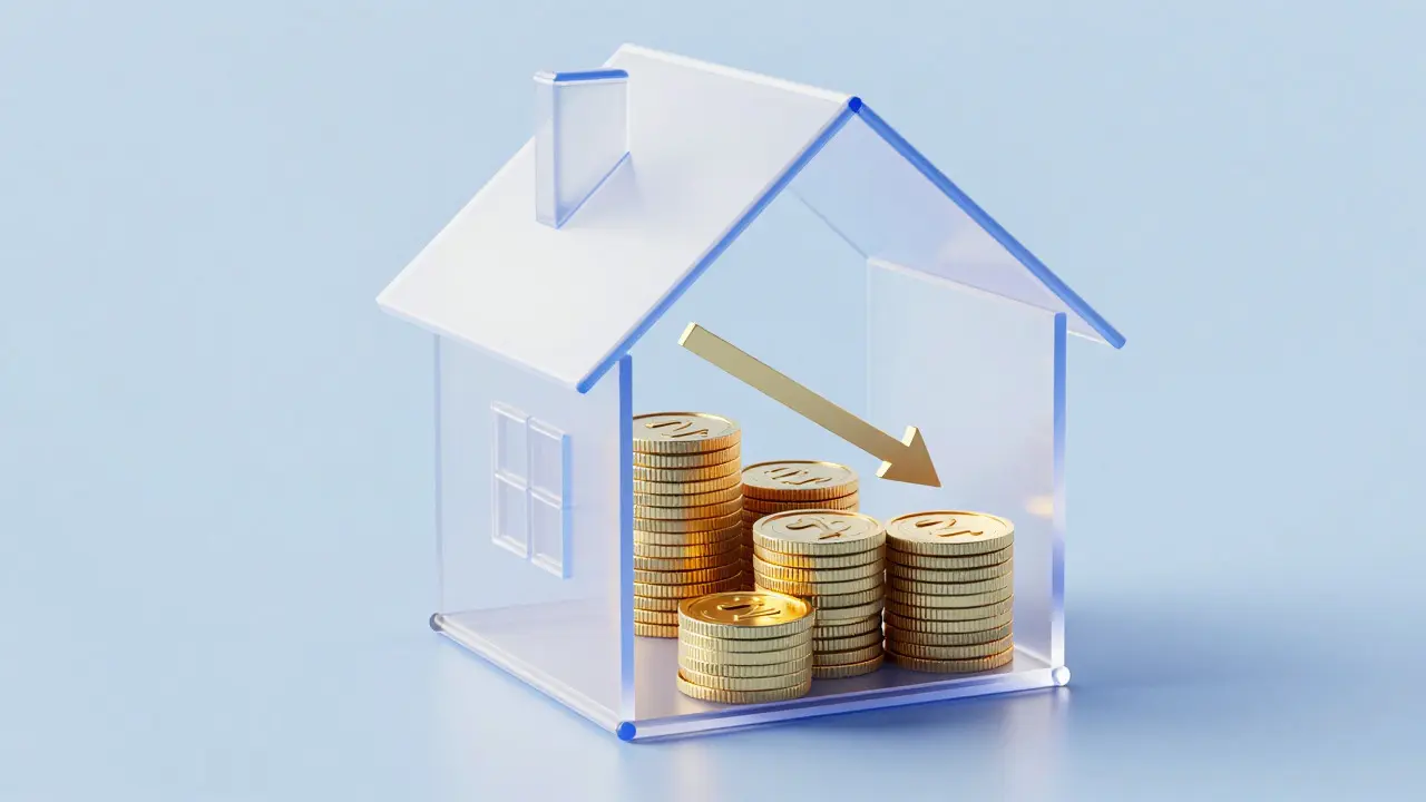 3D conceptual illustration of a house with layered equity blocks reducing loan risk