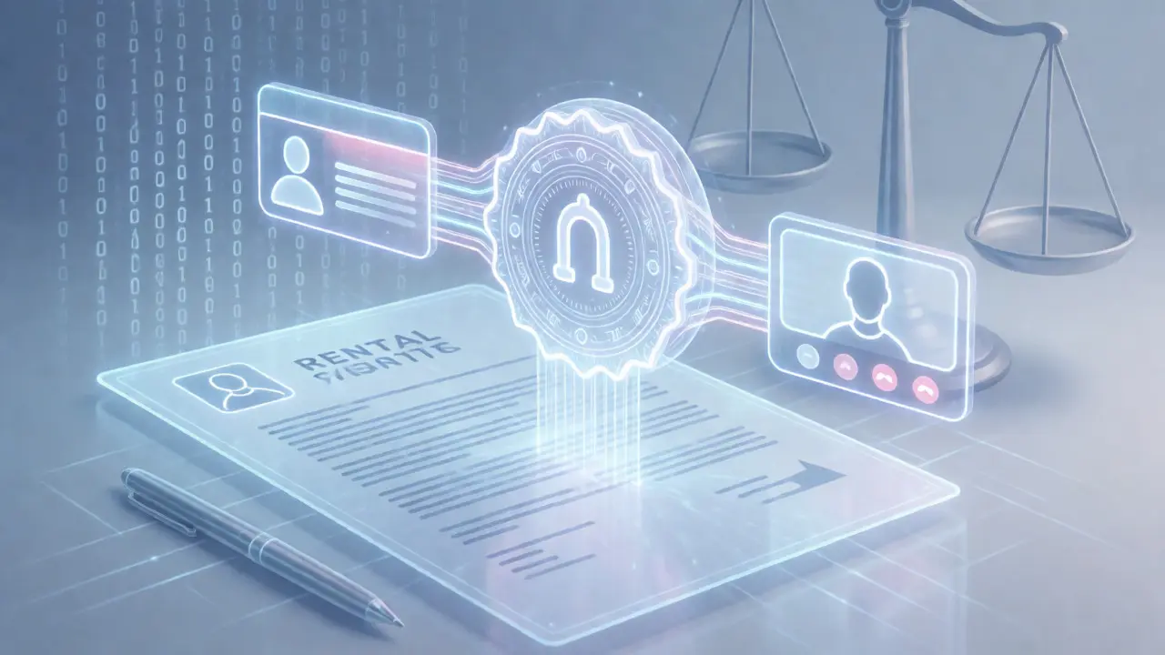Abstrakte Darstellung einer digitalen Signatur und Identitätsprüfung für rechtssichere Verträge.
