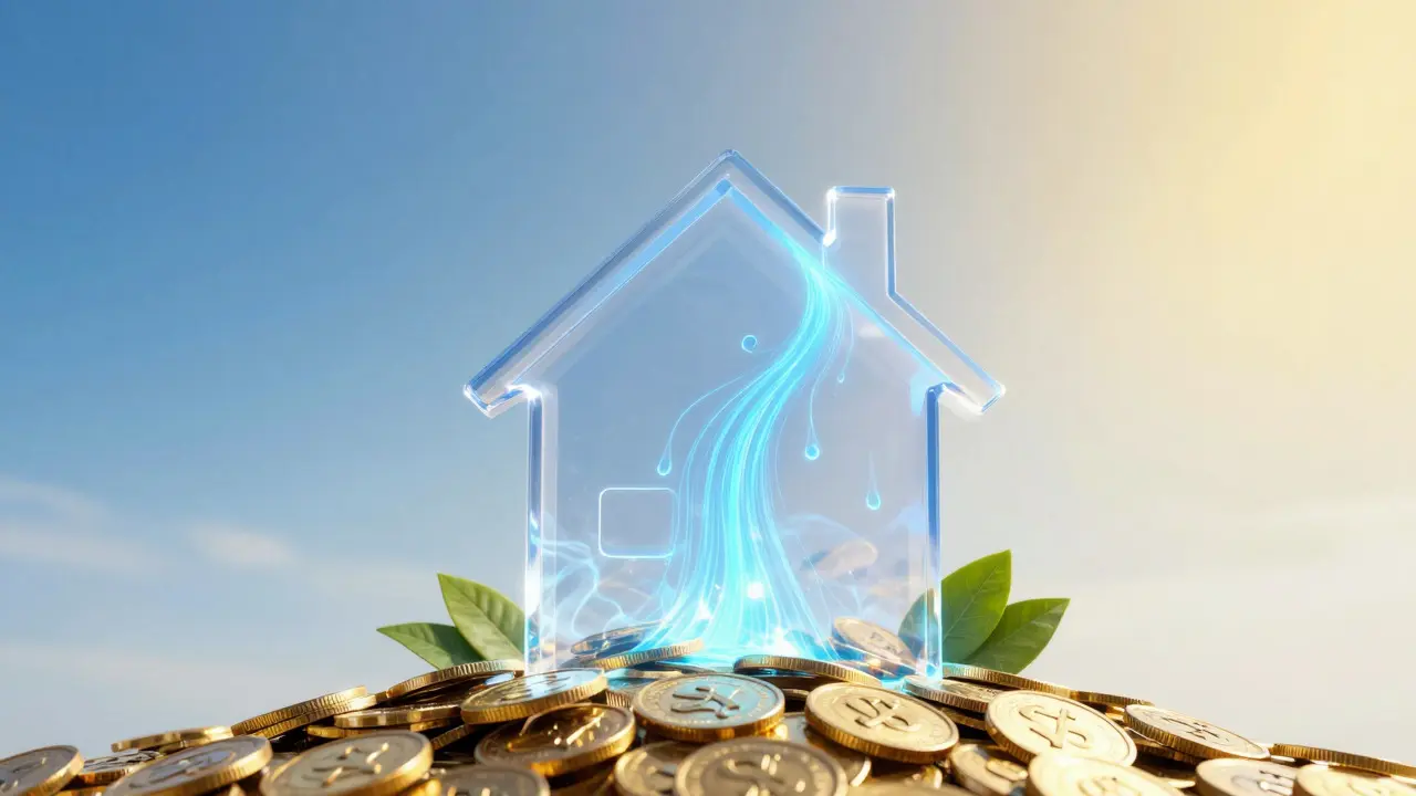 Artistic concept of a house rising from coins with glowing energy inside