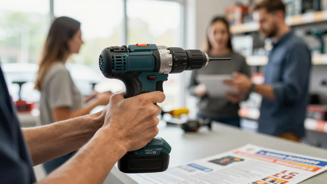 Close-up of hands testing drill grip in hardware shop with staff nearby