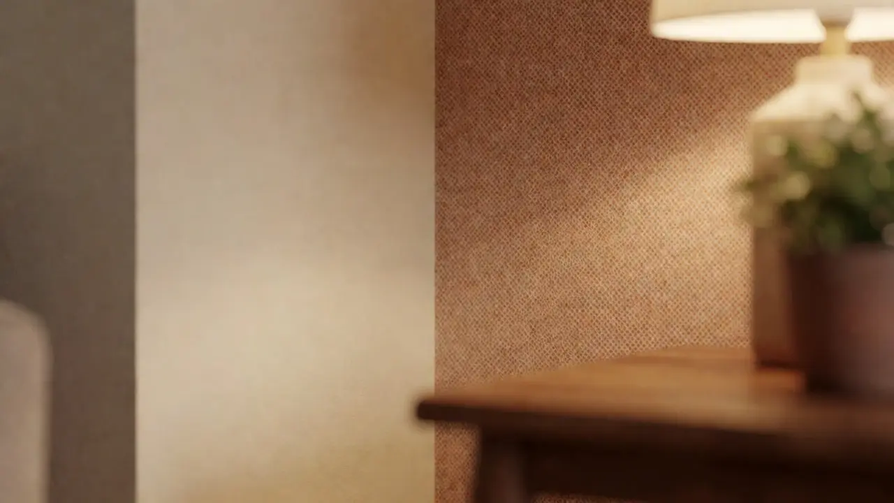 Detailaufnahme einer terrakottafarbenen Mustertapete neben einer cremefarbenen Wand