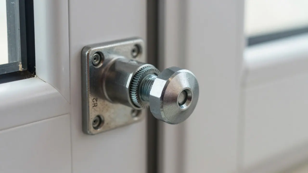 Detailaufnahme eines pilzkopfförmigen Fensterriegels in der Rahmeneinbindung