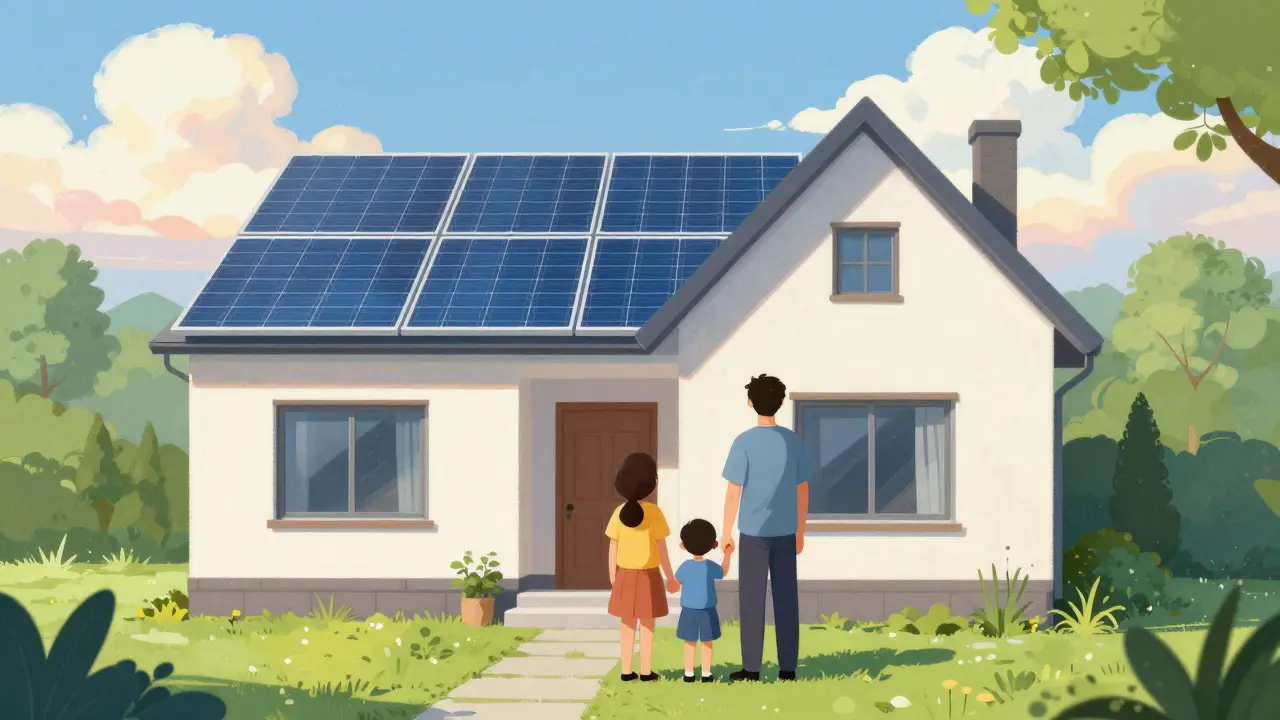 Familie vor einem energieeffizienten Haus mit Solarpanelen