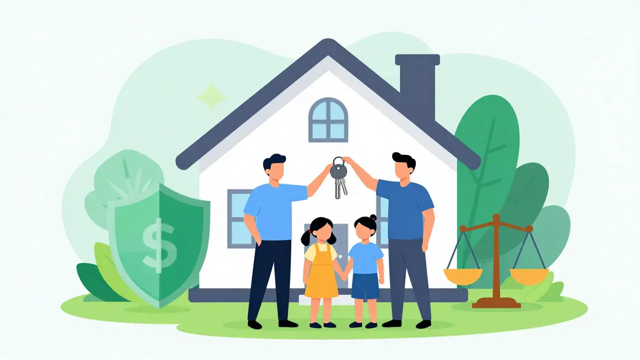 Family holding keys in front of their home with icons representing financial security