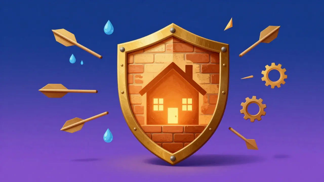 Golden brick shield protecting a glowing home from risks