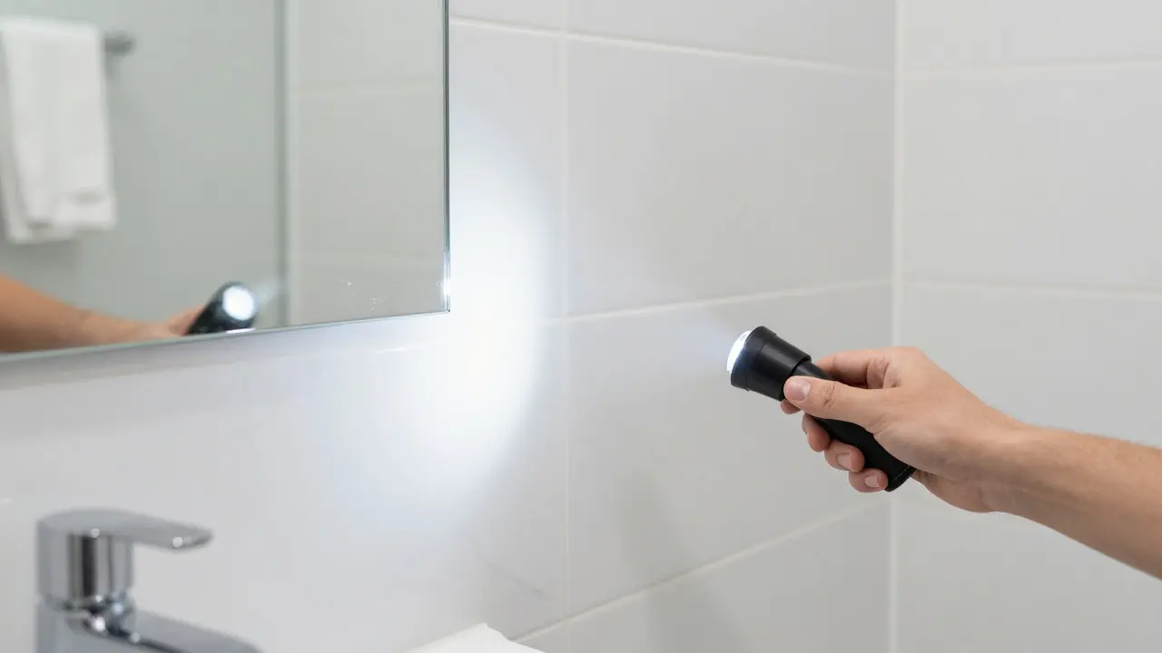 Hand with flashlight inspecting tile grout lines in a new bathroom