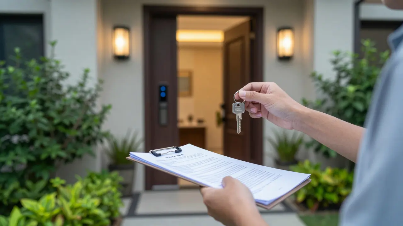 Hands holding keys in front of a renovated, energy-efficient home entrance