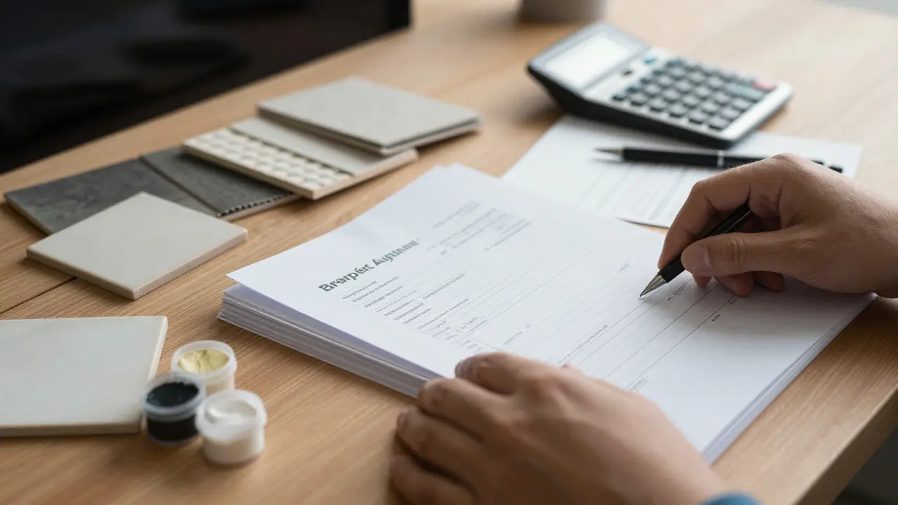 Hands organizing renovation invoices and material samples