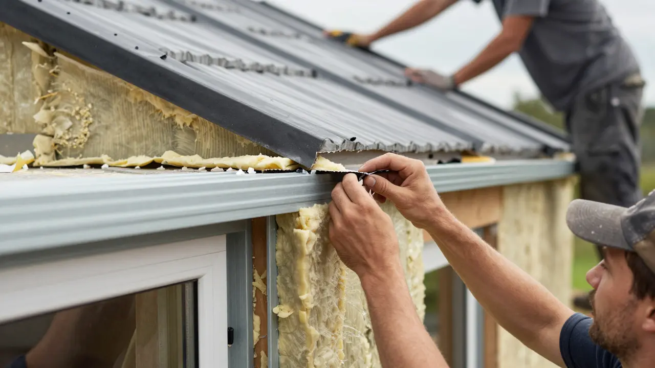 Handwerker installieren Dämmung und dichten Fensteranschlüsse sorgfältig ab