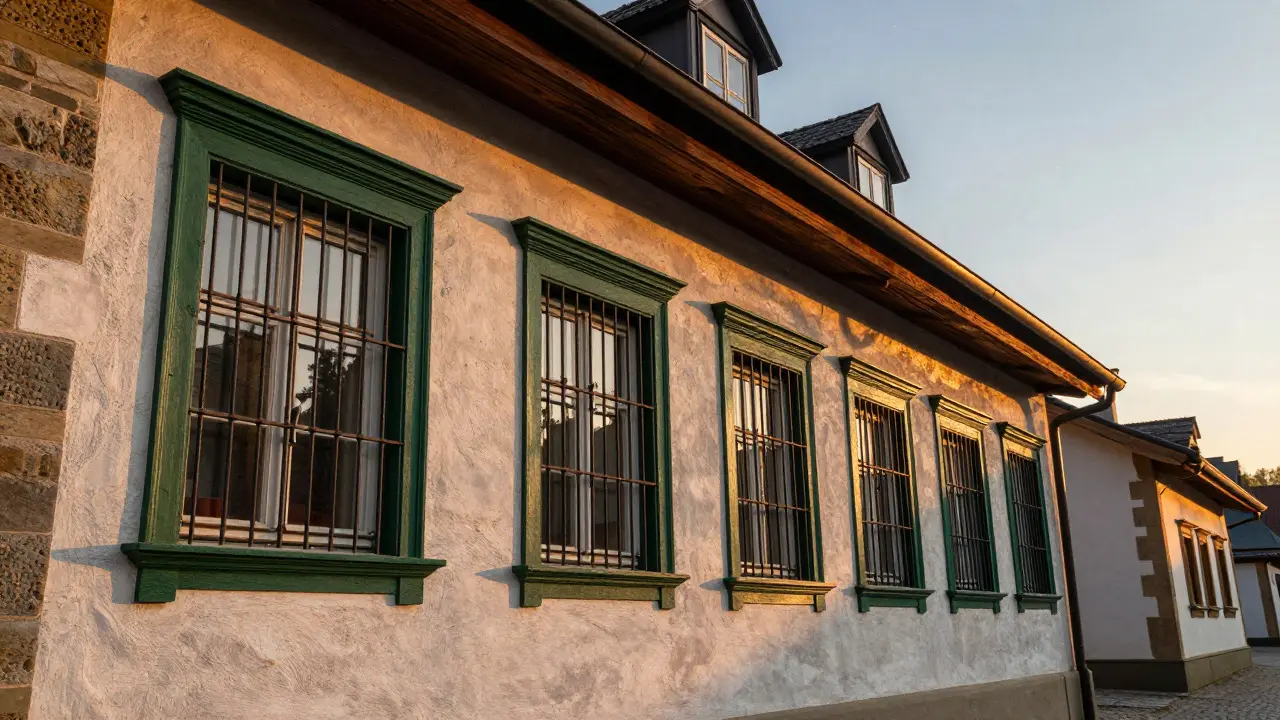 Historic house facade with restored wooden windows at sunset