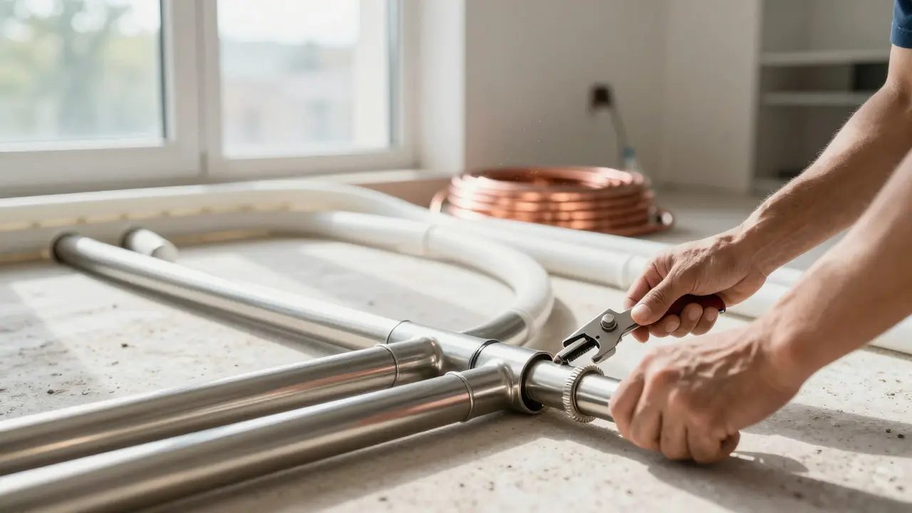 Installateur montiert Edelstahlrohre bei einer modernen Sanierung