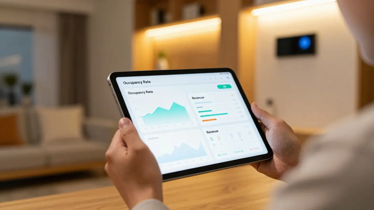 Investor prüft Mietdashboard auf Tablet in luxuriöser Wohnung