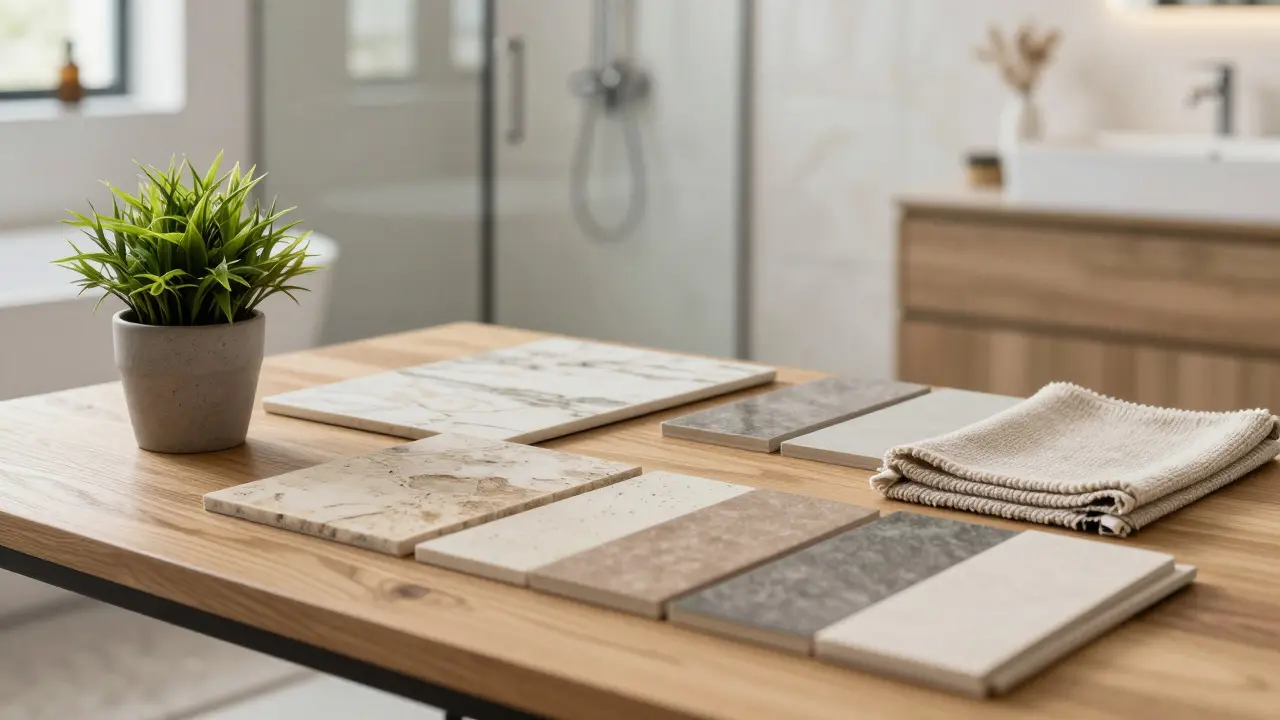 Material samples like stone and tiles displayed on a table