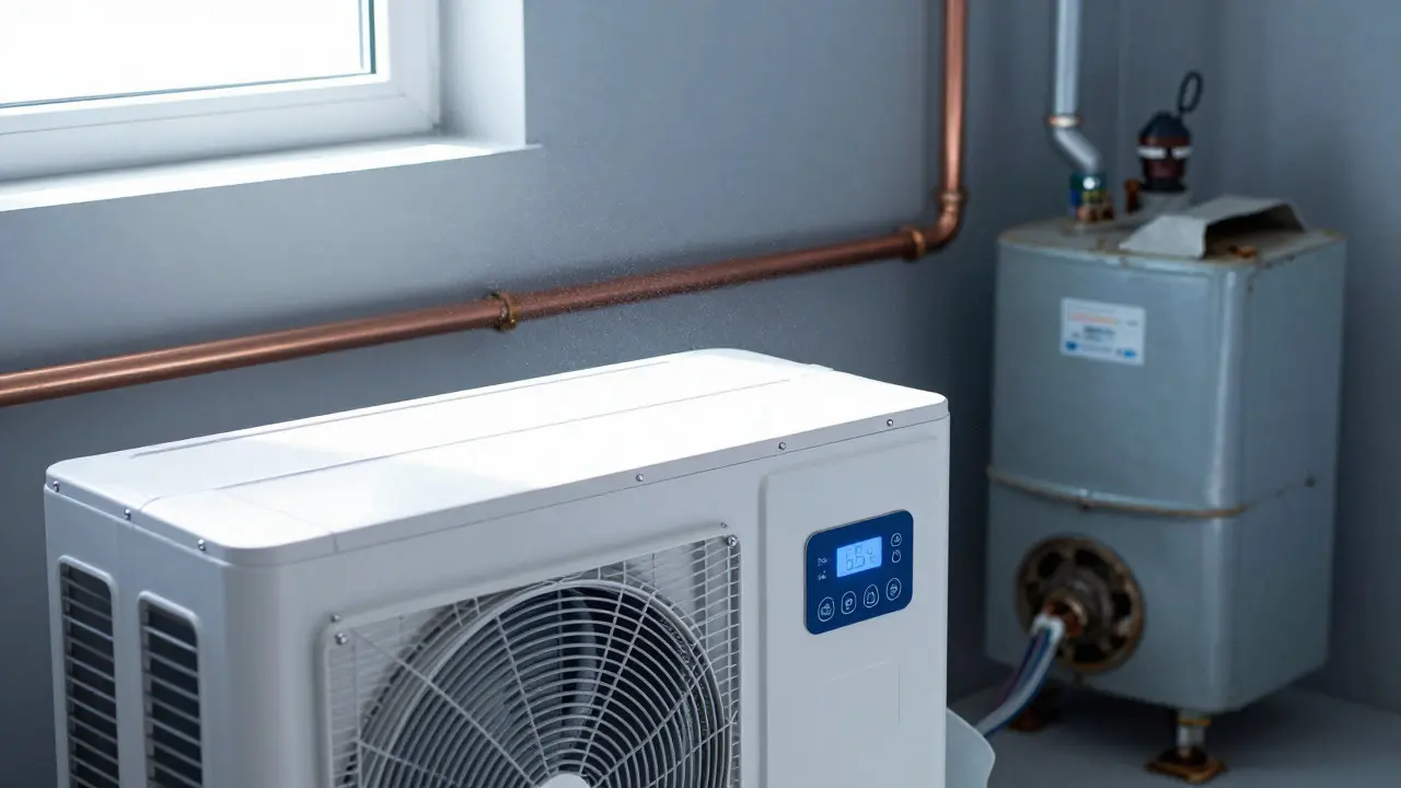 Moderne Wärmepumpe neben altem Gaskessel im Keller