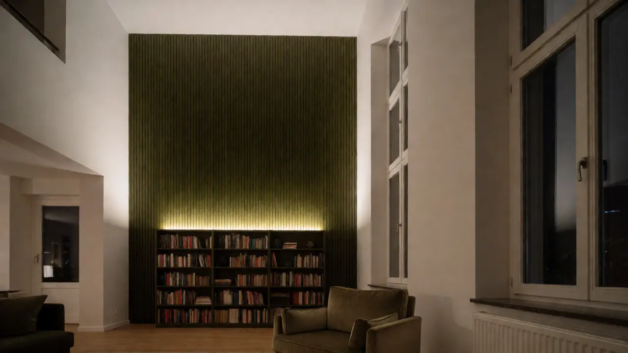 Modernes Wohnzimmer mit vertikaler Holzlamellen-Akzentwand und indirekter Beleuchtung