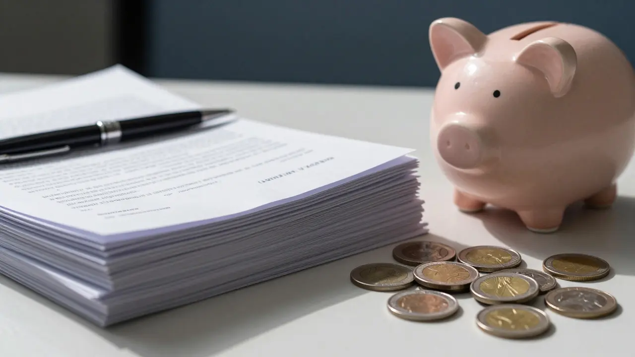 Nahaufnahme von Bankdokumenten und Sparschwein auf einem Schreibtisch