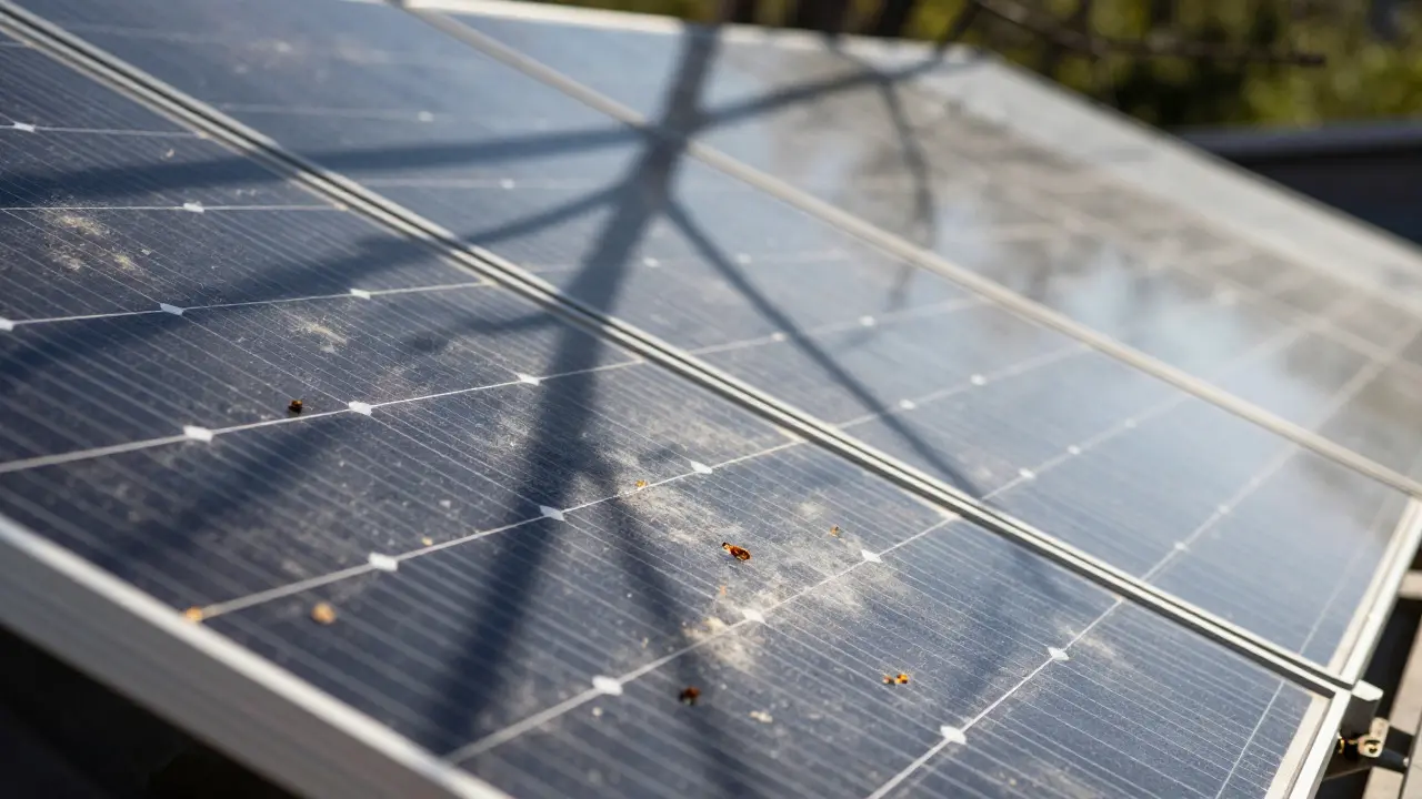 Nahaufnahme von Solarmodulen mit Schattenwurf und Verschmutzung auf der Oberfläche