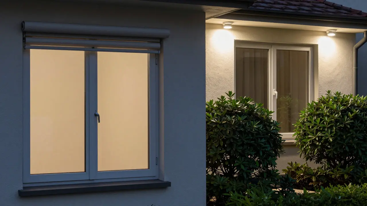Sicheres Erdgeschossfenster mit abschließbarem Griff und beleuchtetem Außenbereich