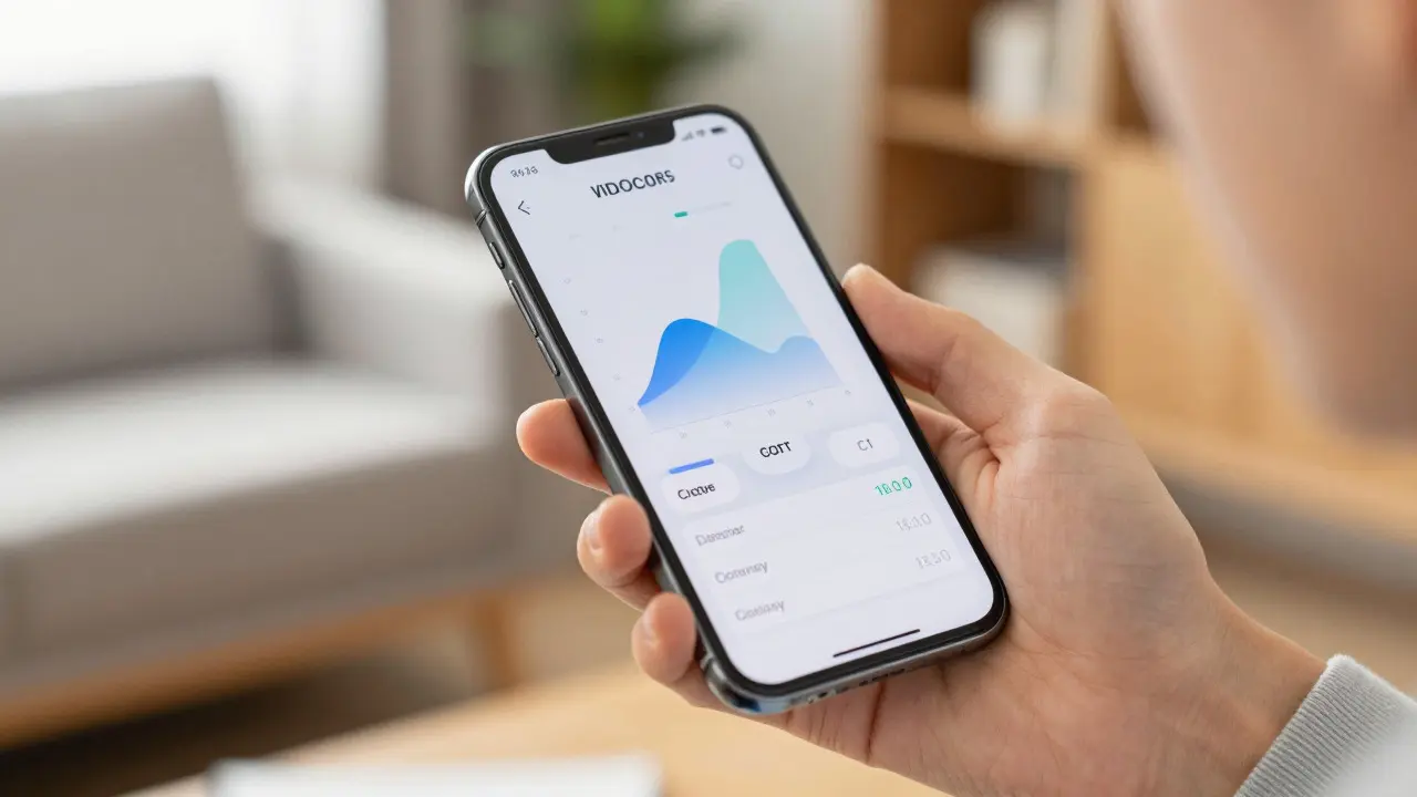Smartphone mit Digitalisierungssymbolen vor Wohnzimmern