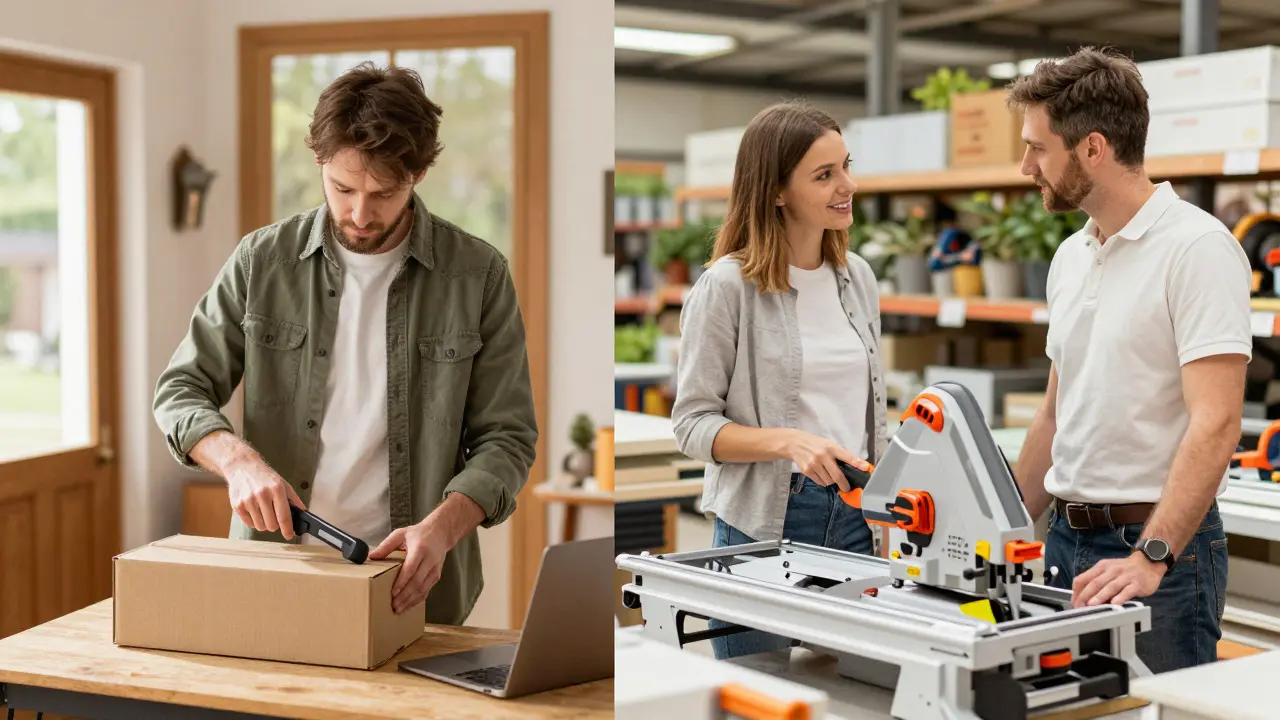 Split scene showing online tool delivery at home and expert advice in store