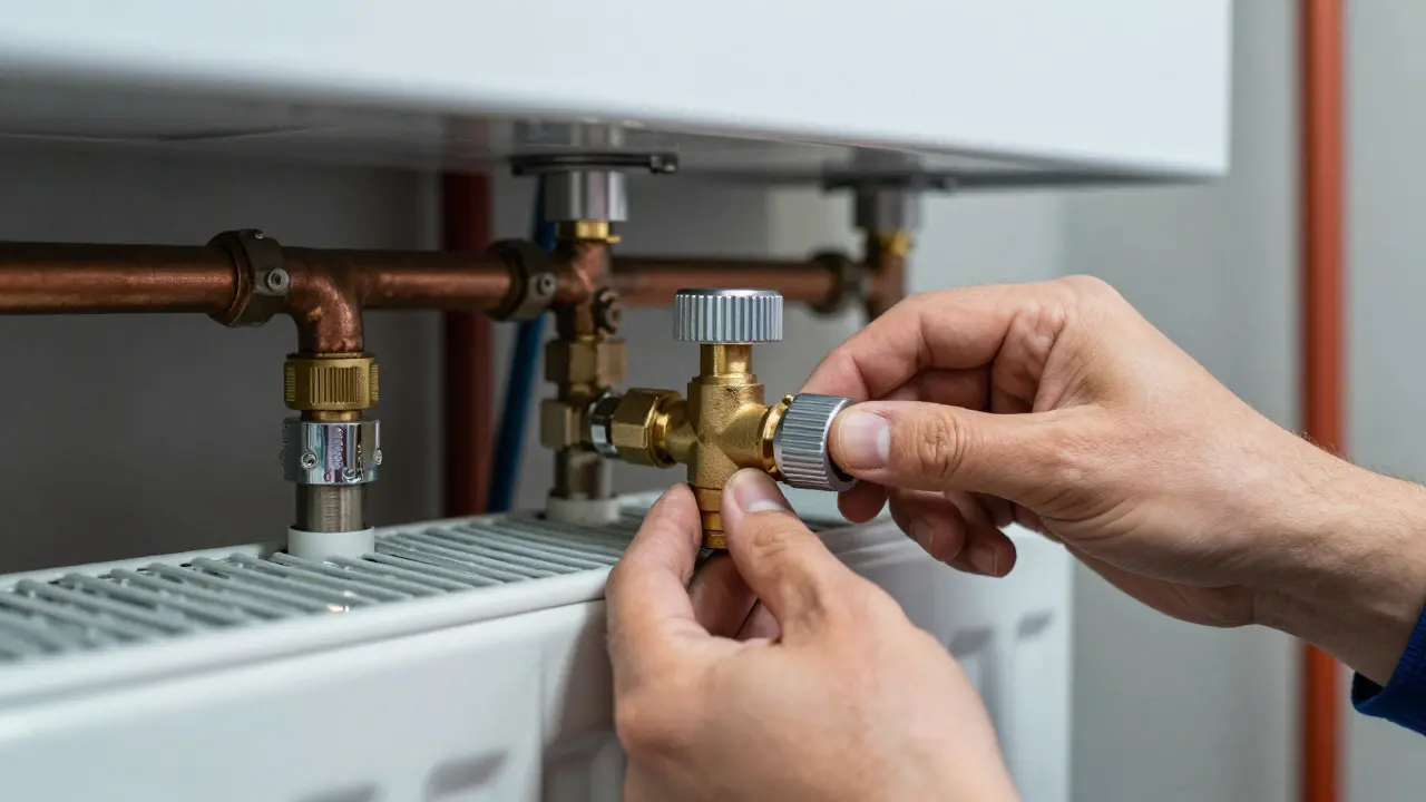 Techniker justiert präzise ein Thermostatventil an einem Heizkörper im Keller
