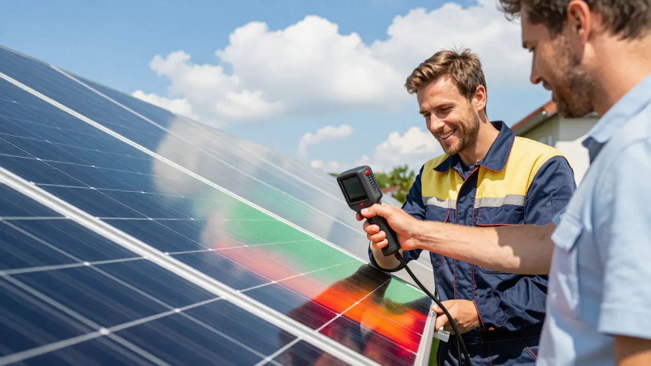 Techniker prüft Solarmodule mit Wärmebildkamera bei sonnigem Wetter