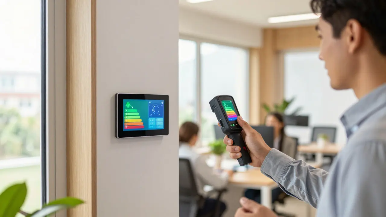 Techniker prüft Wärmedämmung und Heizungsanlage in einem energetisch sanierten Bürogebäude.