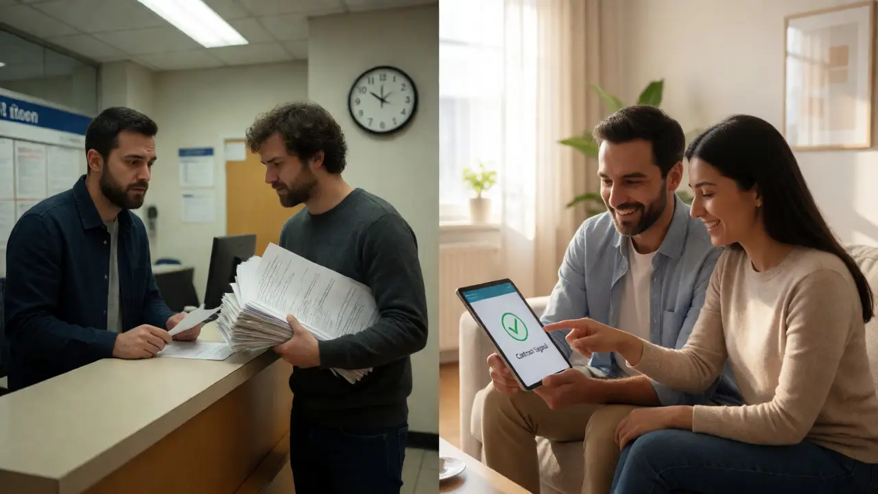 Vergleich zwischen langwierigem Papierkram im Postamt und entspannter digitaler Vertragsunterzeichnung.