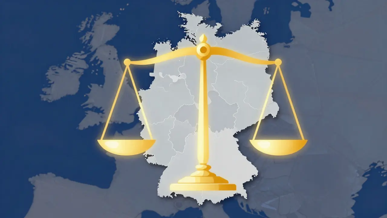 Waage der Gerechtigkeit über einer Karte Deutschlands