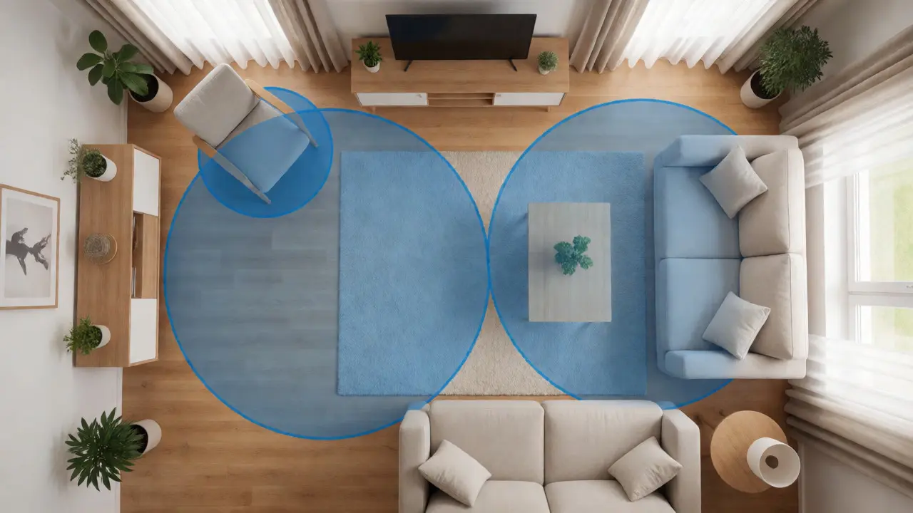 Draufsicht auf ein Wohnzimmer mit eingezeichneten Bewegungsflächen für den Rollstuhl nach DIN-Norm.