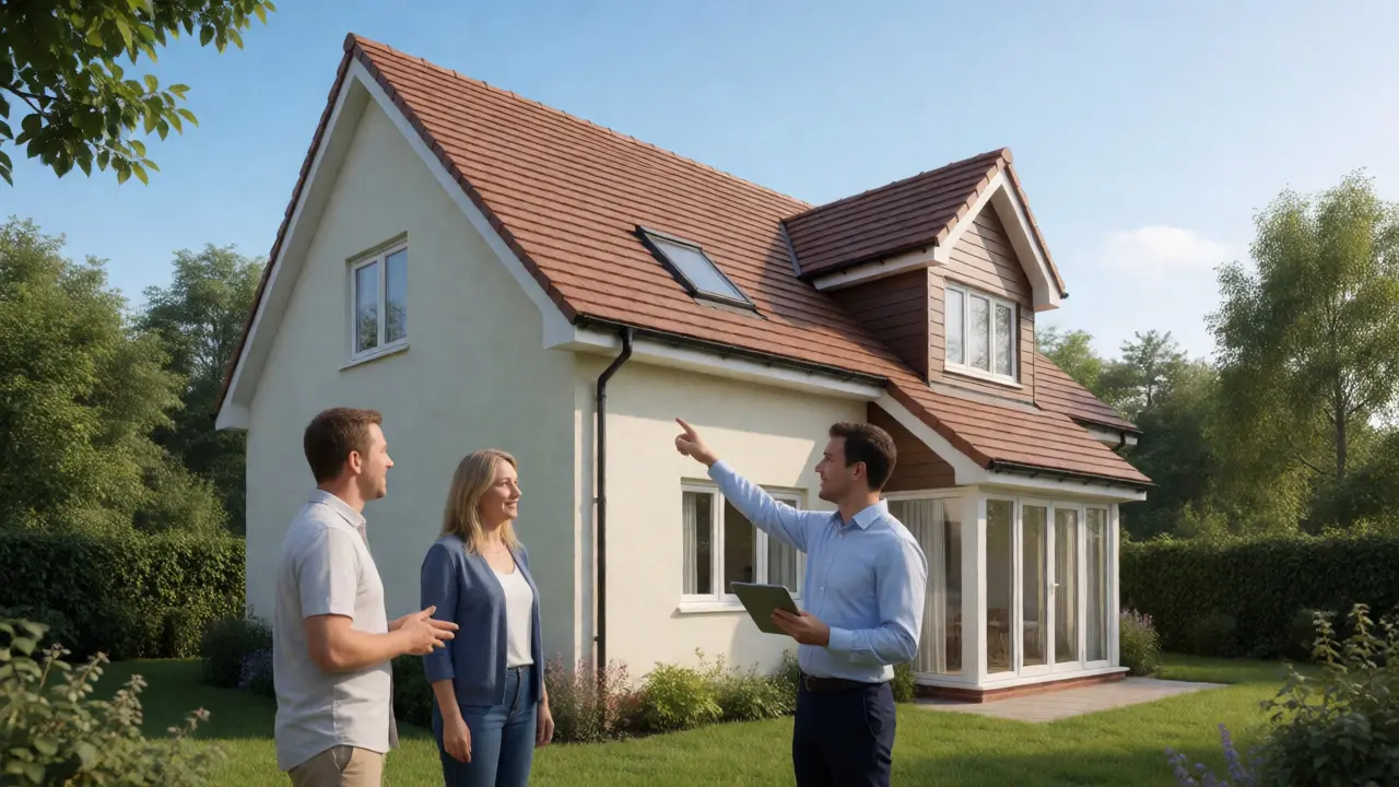 Fertig saniertes Haus mit Energieberater im Garten
