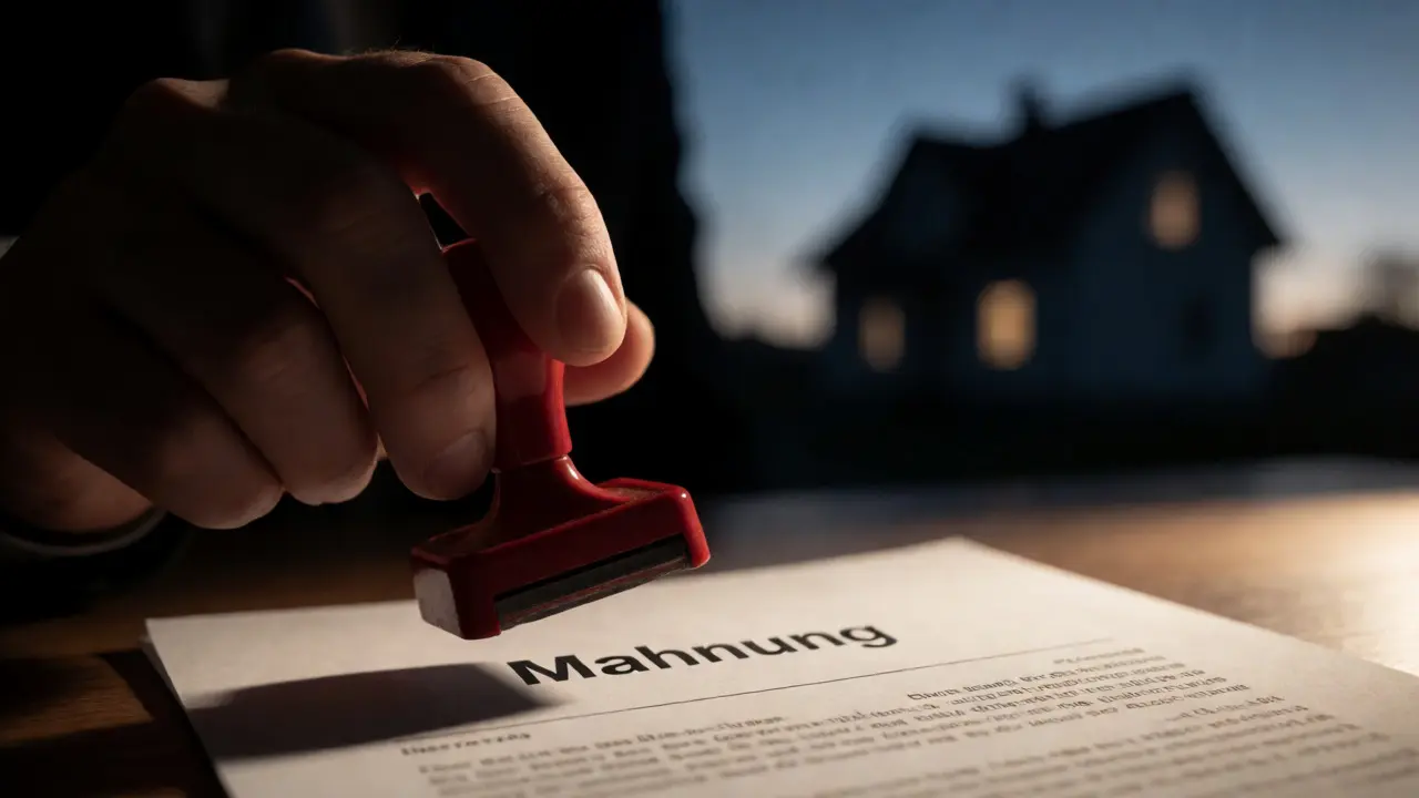 Hand mit rotem Stempel über einem Mahnschreiben vor einer Haus-Silhouette.