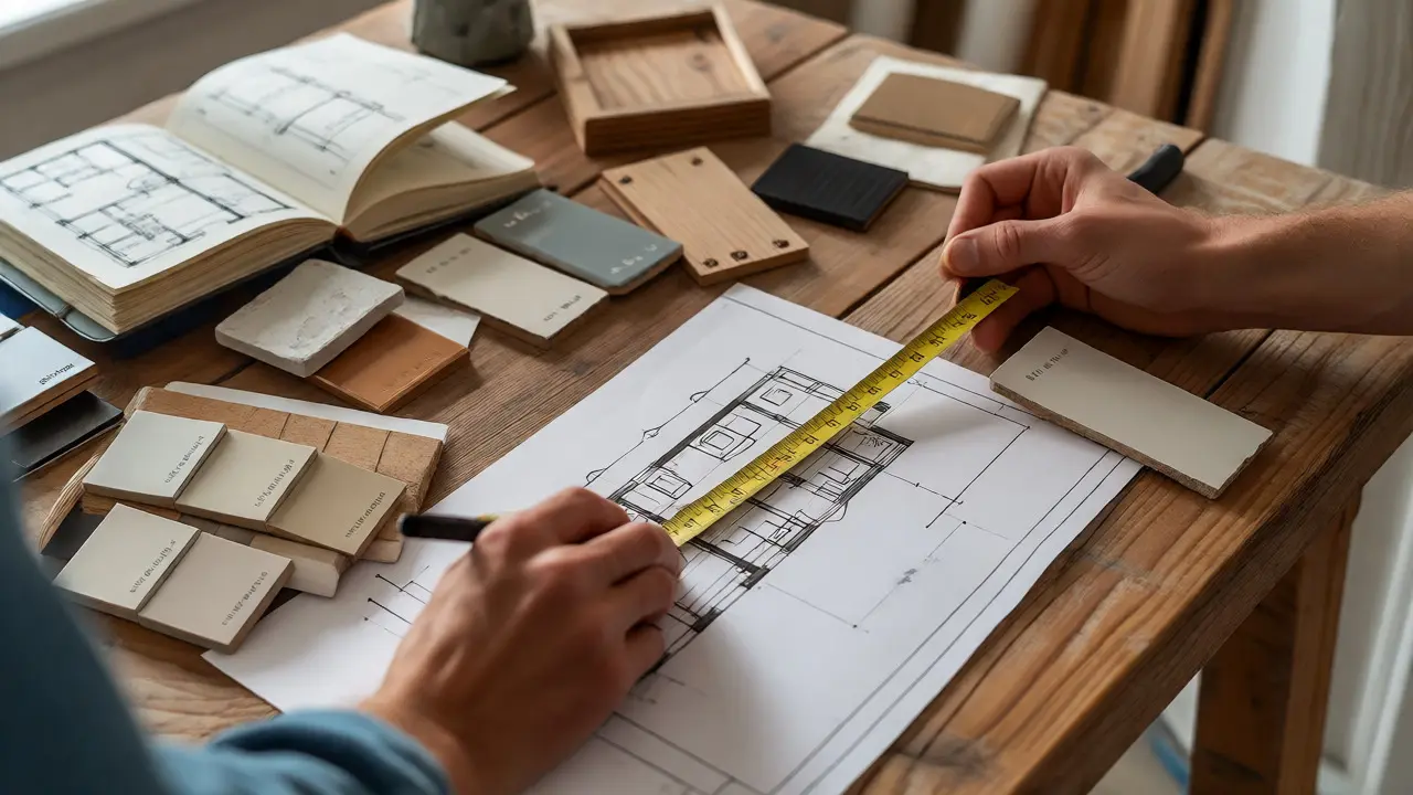 Handwerker misst Wände und prüft Materialmuster