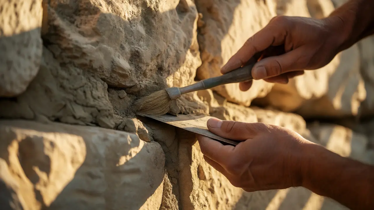 Handwerkliche Reparatur von Fugen in einer alten Kalksteinmauer mit Mörtel