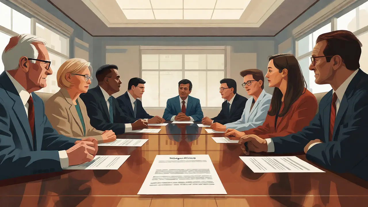 Illustration einer Eigentümerversammlung mit Spannung zwischen den Parteien