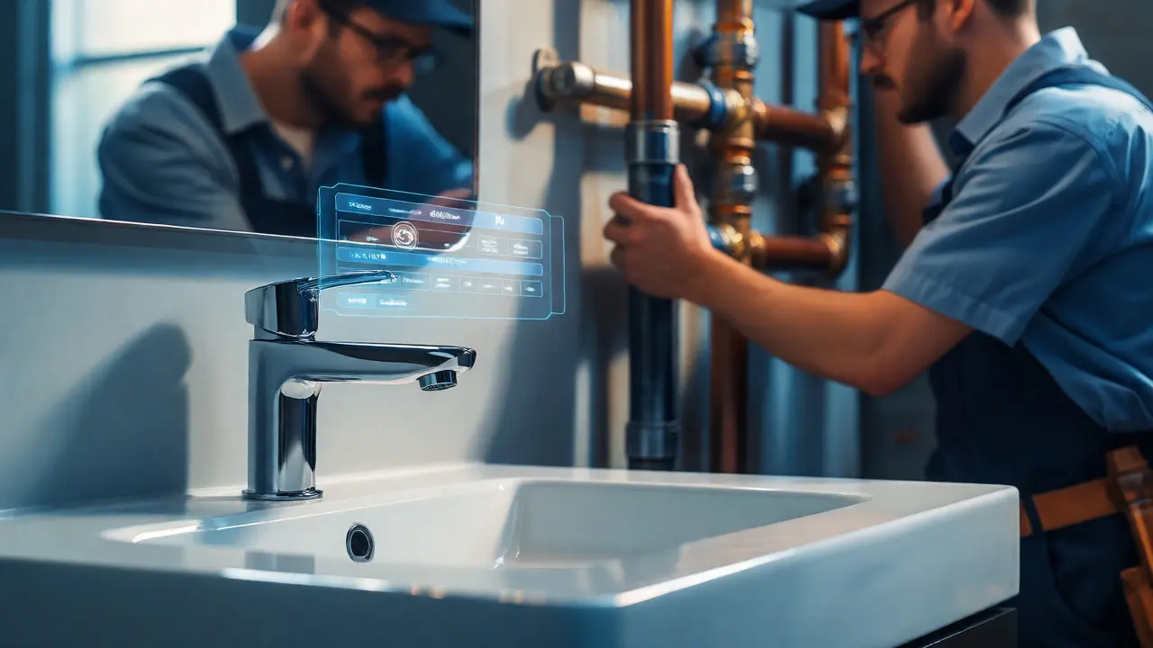 Intelligente Sensor-Armatur mit digitalem Display und Installationsszenario im Hintergrund