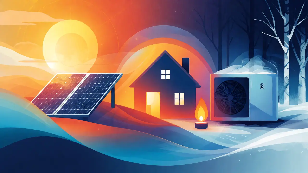 Konzeptionelle Darstellung des saisonalen Wechsels zwischen Solarthermie im Sommer und Gas/Wärmepumpe im Winter.