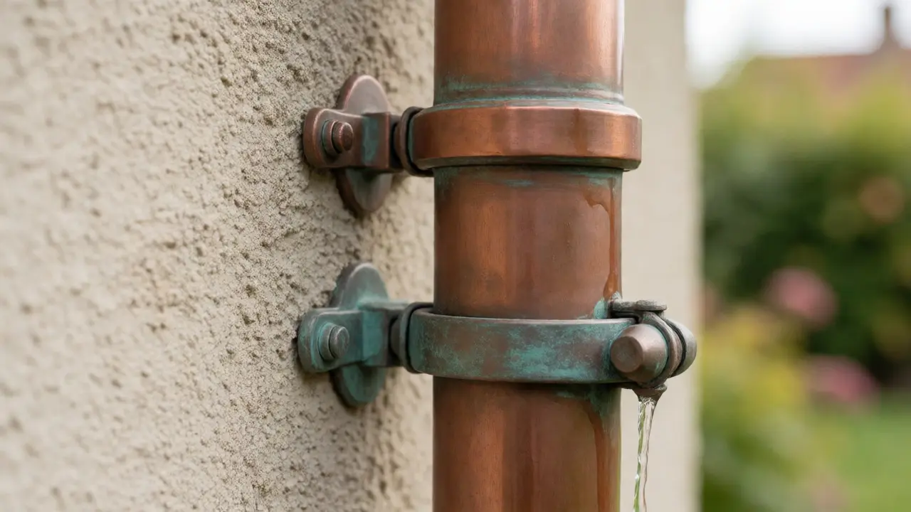 Kupfer-Fallrohr mit Halterungen an einer Hauswand