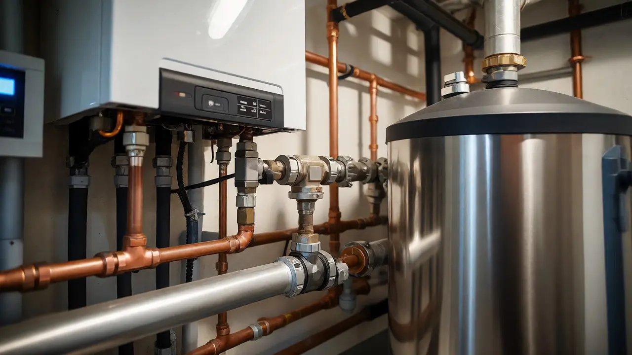 Technikraum einer Hybridheizung mit Gas-Brennwertkessel, Pufferspeicher und intelligenter Regelungstechnik.
