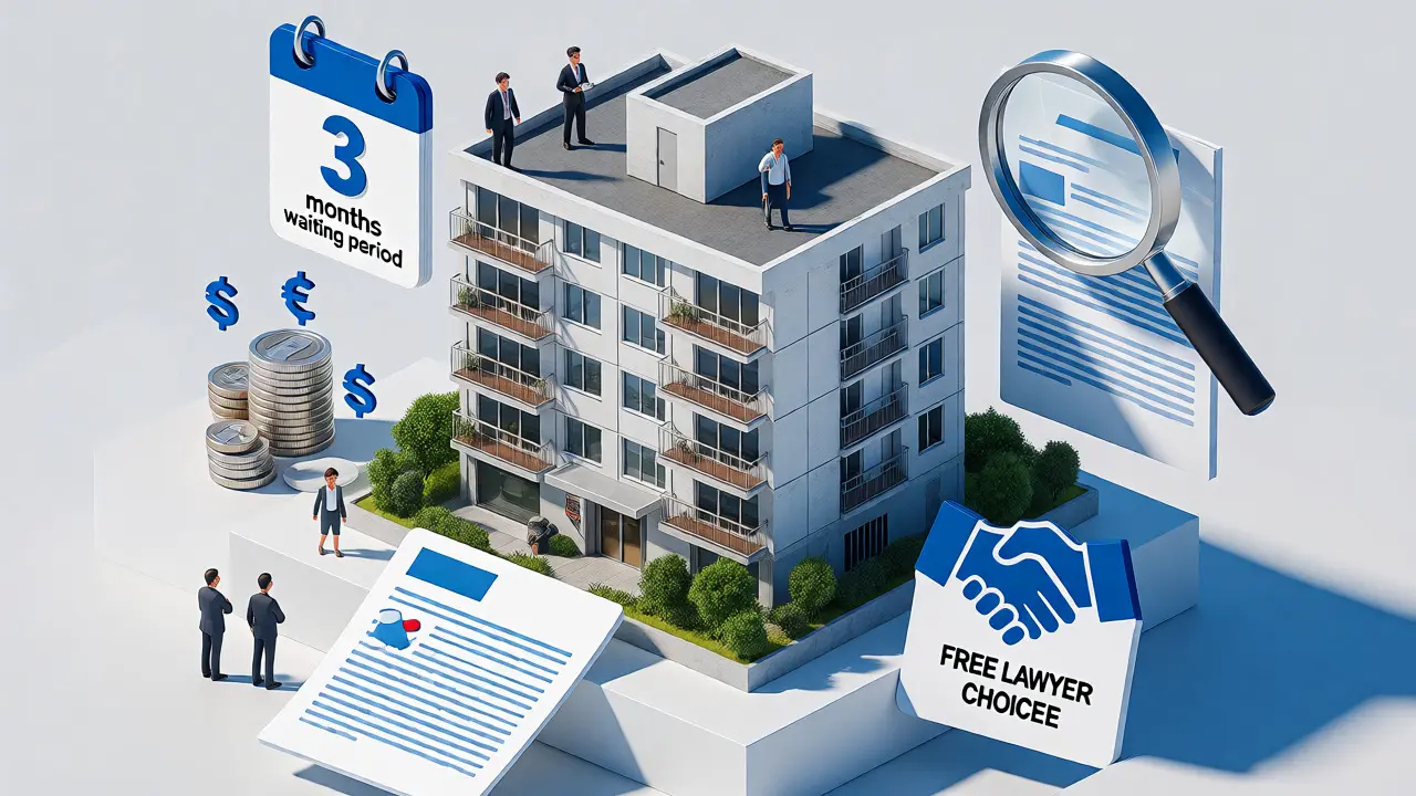 3D-Modell eines Mehrfamilienhauses mit schwebenden Symbolen für Wartezeiten, Kosten und Anwaltswahl.