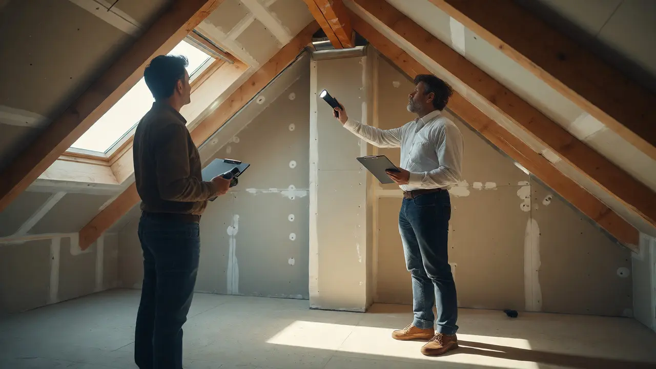 Abnahme des neuen Daches durch Hausbesitzer und Experten im ausgebauten Dachgeschoss