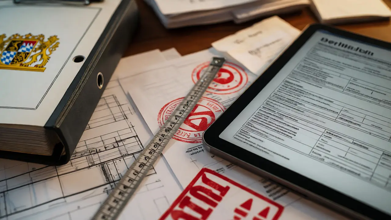 Architektenschreibtisch mit Dokumenten und Tablet, der Bürokratie zeigt.