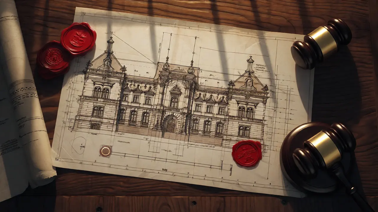 Architekturplan eines Denkmals mit behördlichen Siegeln und Stempel