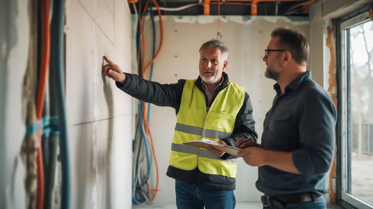 Bauleiter berät Kunden auf der Baustelle